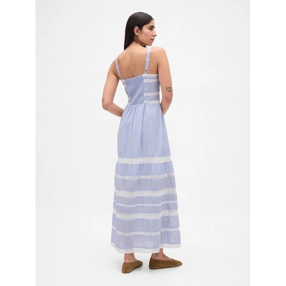 GAP Lace Trim Maxi Dress S Petite Blue Stripe Cotton Button Front Cottagecore - Picture 2 of 16